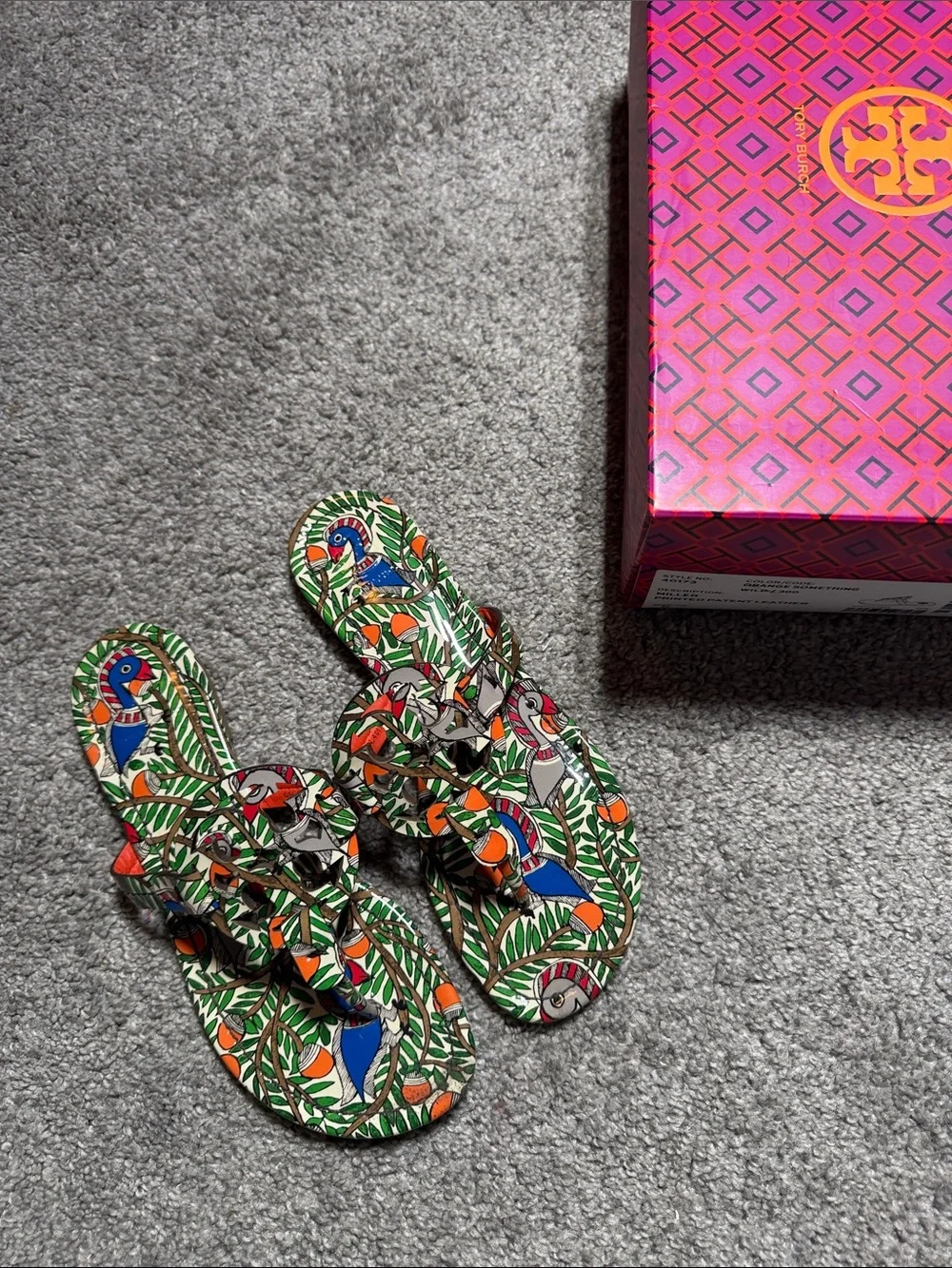 Tory Burch Tropical Print Leather Miller Sandals in Green, Blue & Orange